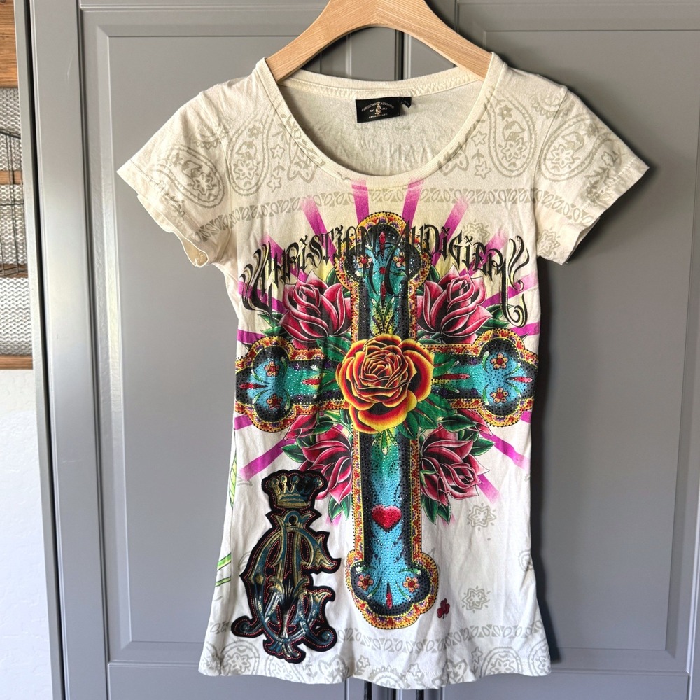 Christian Audigier‎ Womens Y2K Cross Rose Rhinestone Slim Fit Graphic Tee, XS